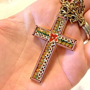 Vintage Italian Micro Mosaic Cross Pendant Necklace Millefiori Floral Boho